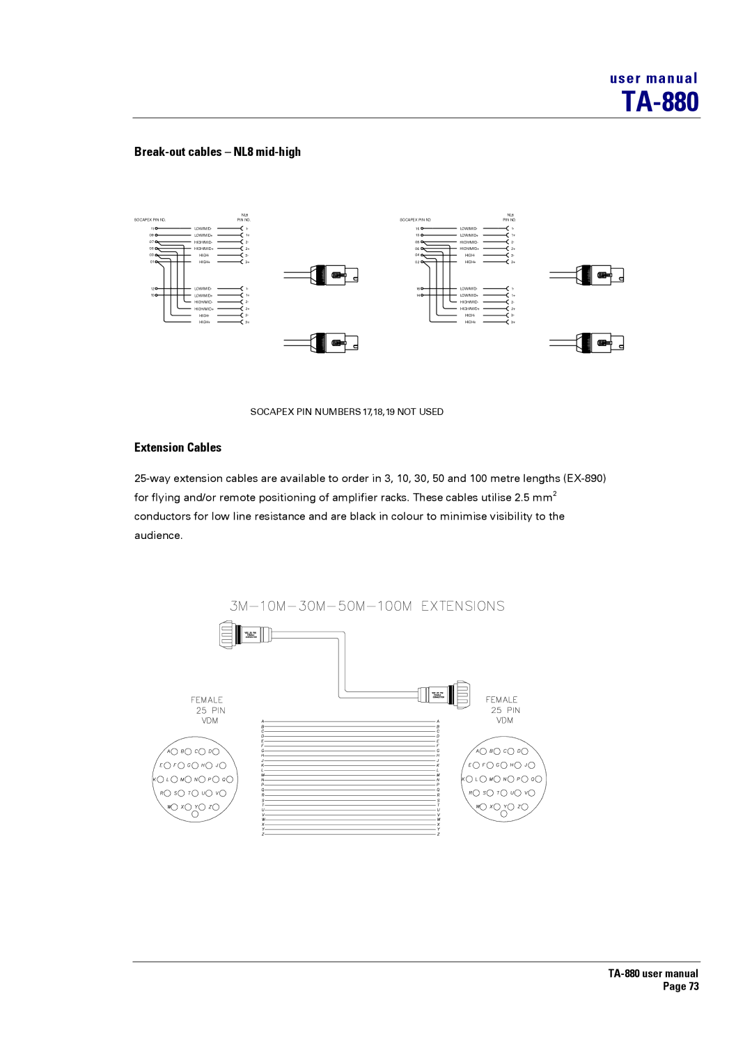 Turbosound TA-880 user manual Break-out cables NL8 mid-high, Extension Cables 