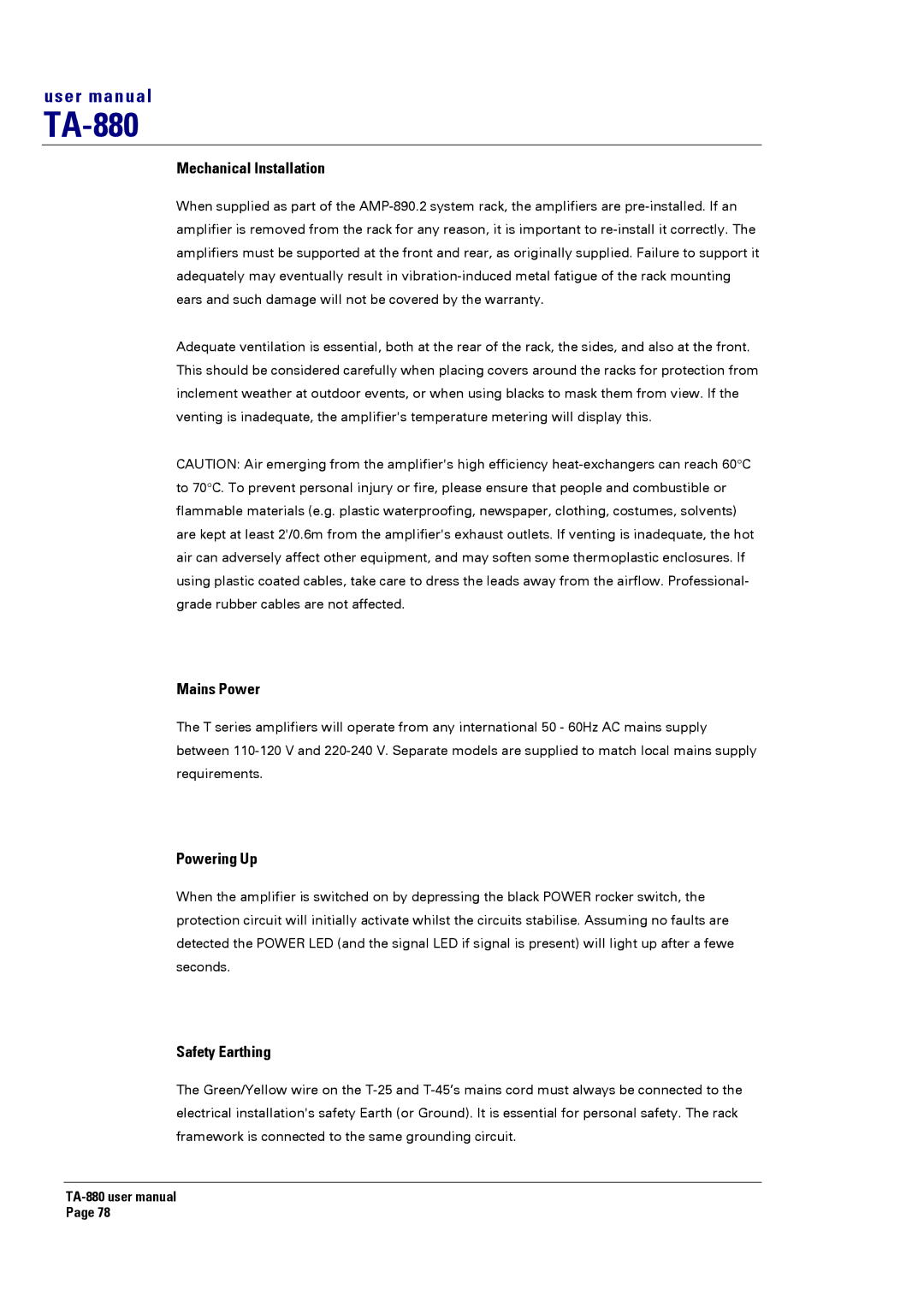 Turbosound TA-880 user manual Mechanical Installation 