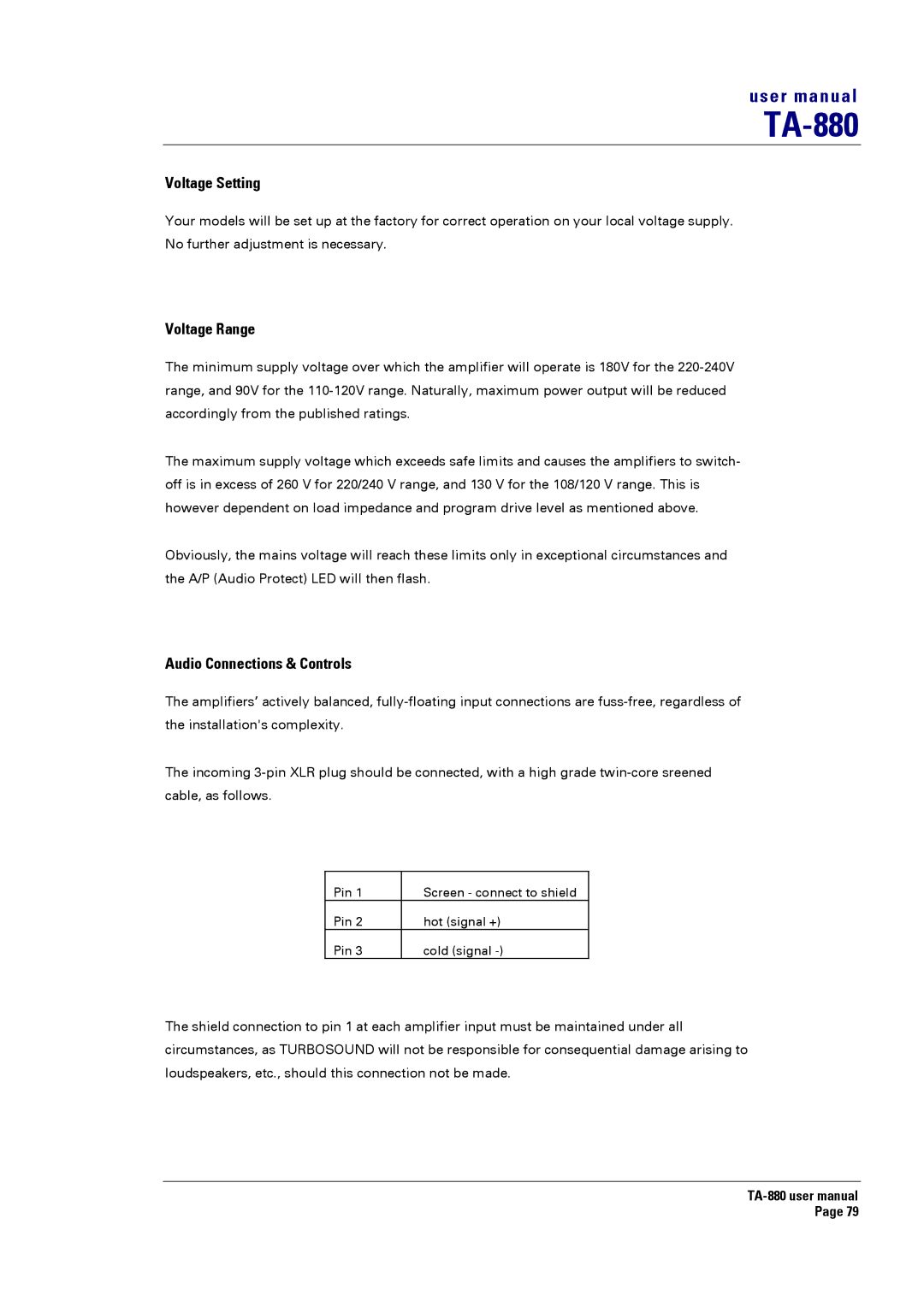 Turbosound TA-880 user manual Voltage Setting, Voltage Range, Audio Connections & Controls 