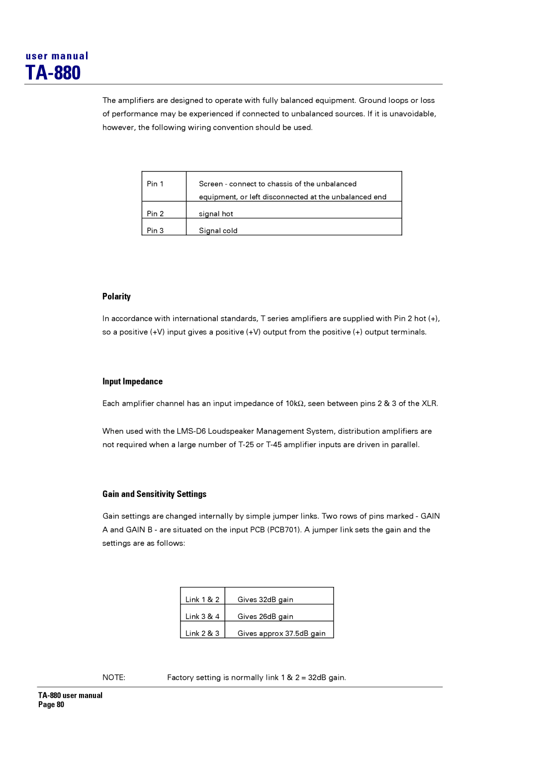 Turbosound TA-880 user manual Polarity, Input Impedance, Gain and Sensitivity Settings 