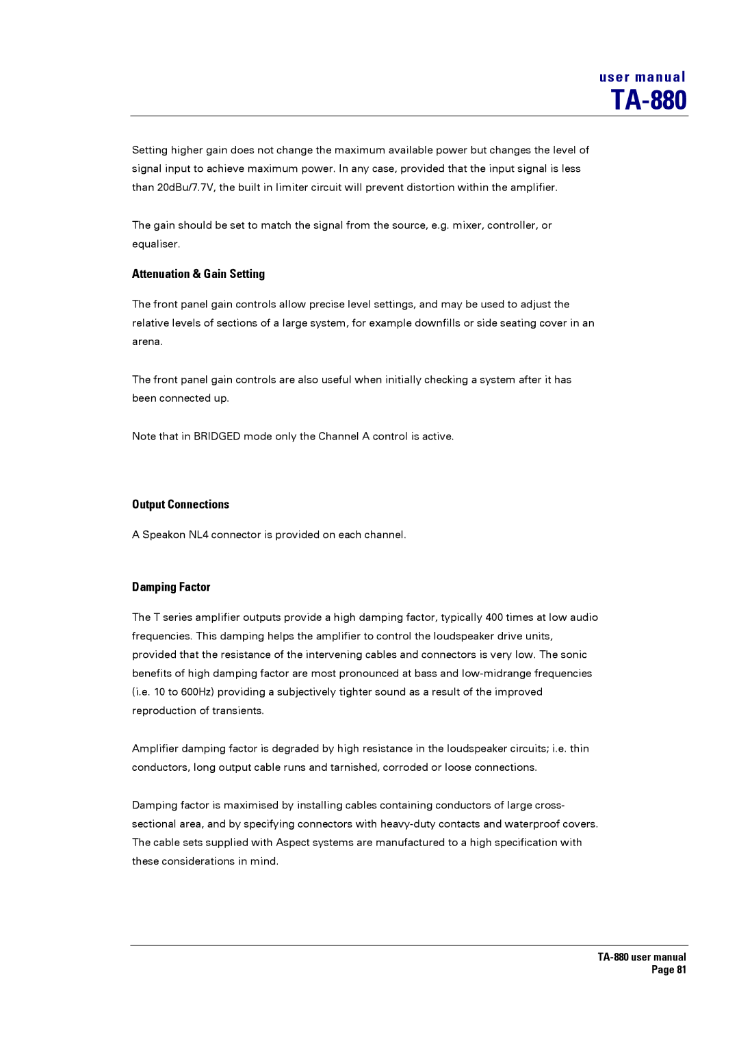 Turbosound TA-880 user manual Attenuation & Gain Setting, Damping Factor 