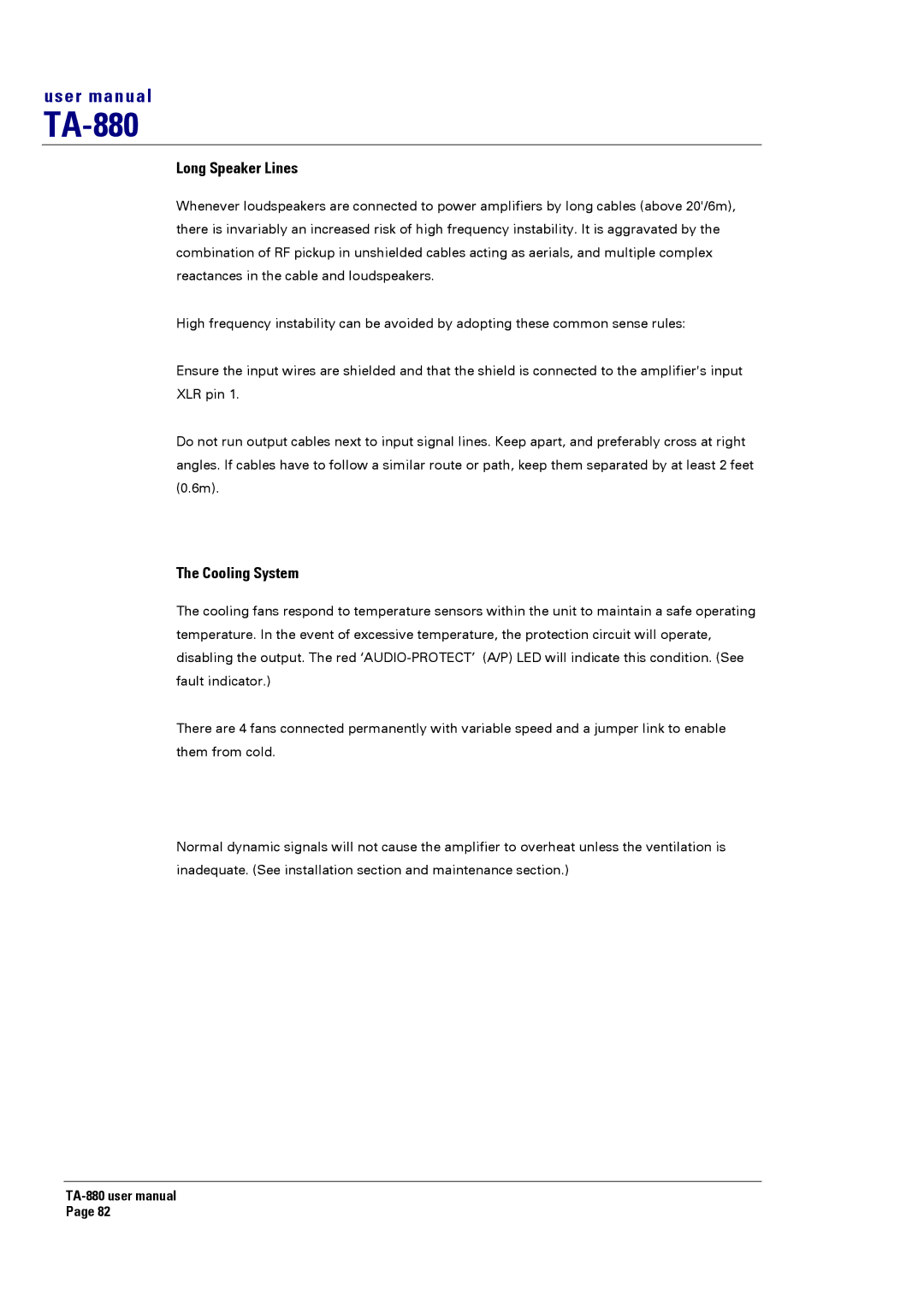 Turbosound TA-880 user manual Long Speaker Lines, Cooling System 