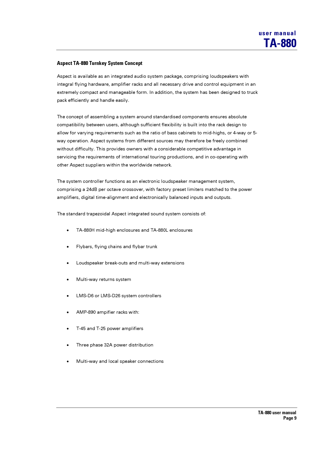 Turbosound user manual Aspect TA-880 Turnkey System Concept 