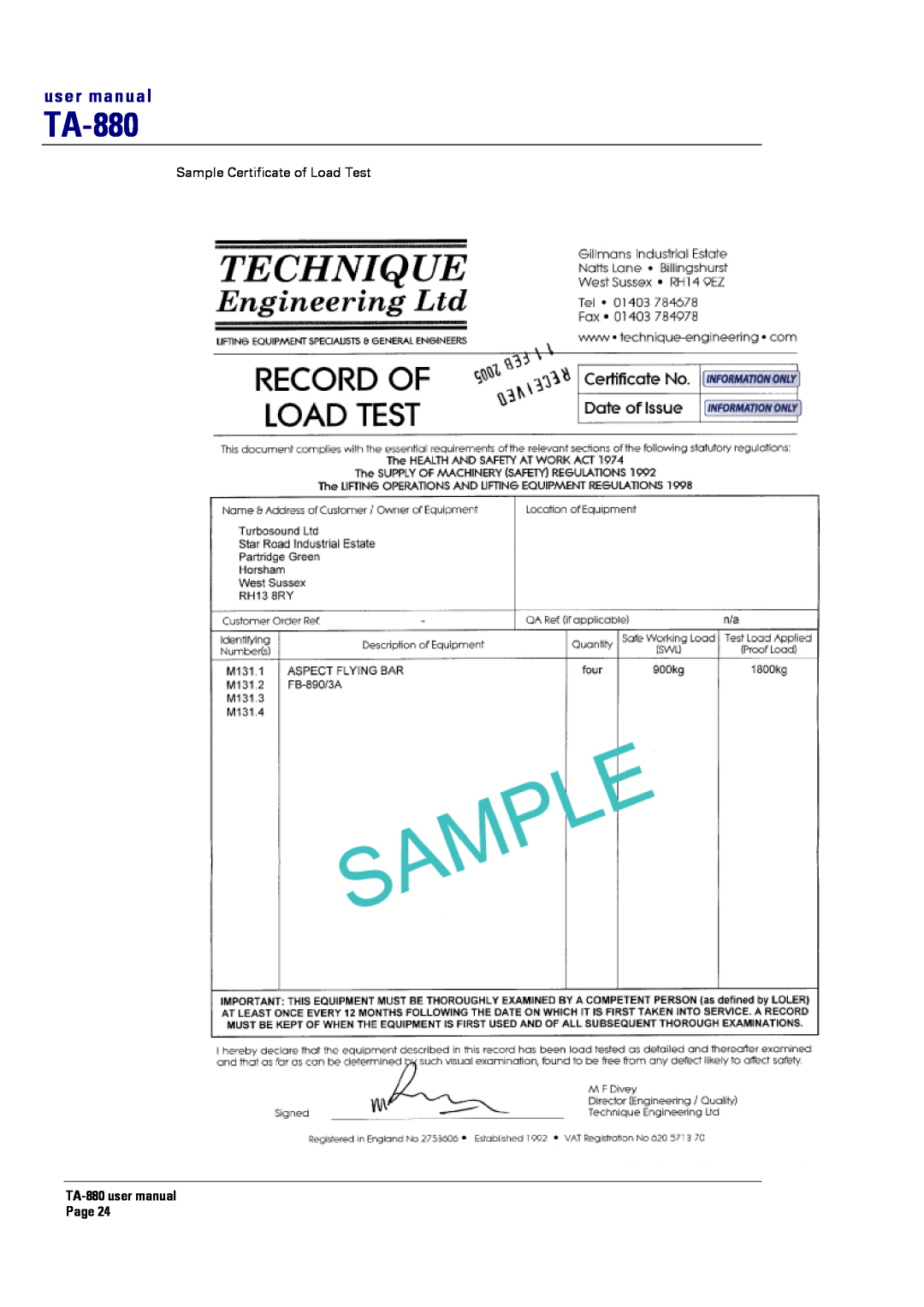 Turbosound TA-880 user manual Sample Certificate of Load Test 