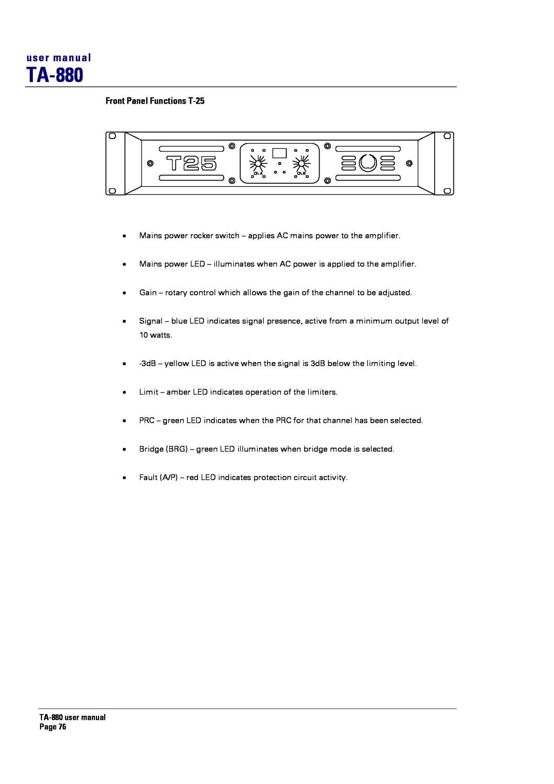 Turbosound TA-880 user manual Front Panel Functions T-25, Ch. A 