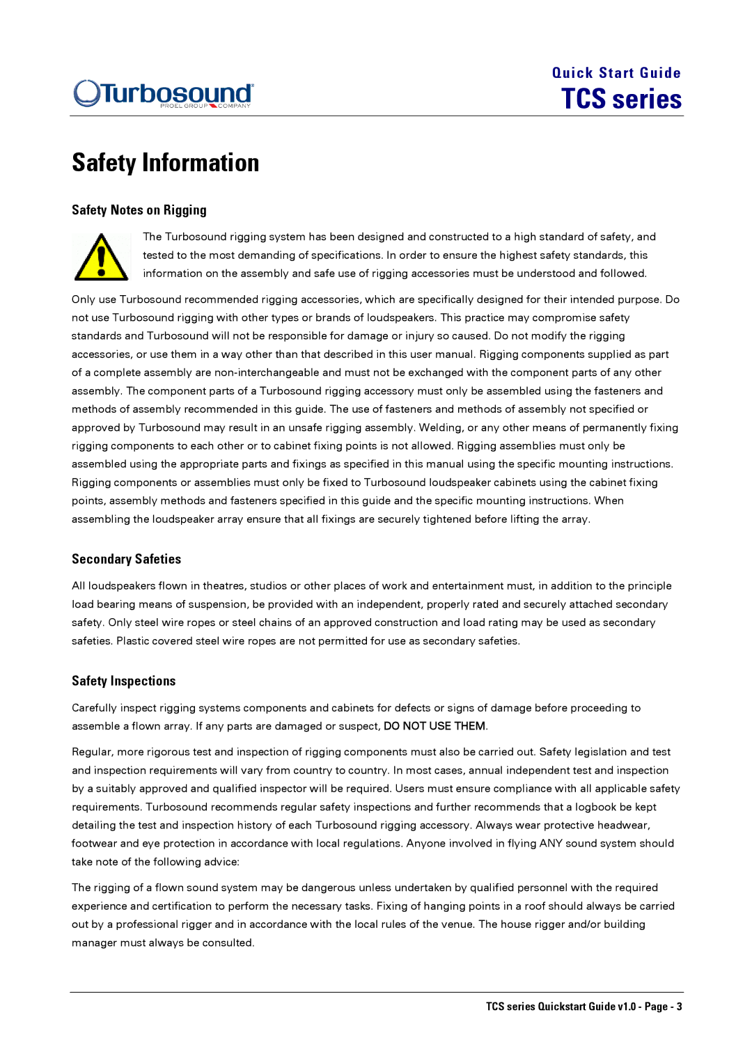 Turbosound TCS-1061 quick start Safety Information, Safety Notes on Rigging, Secondary Safeties, Safety Inspections 