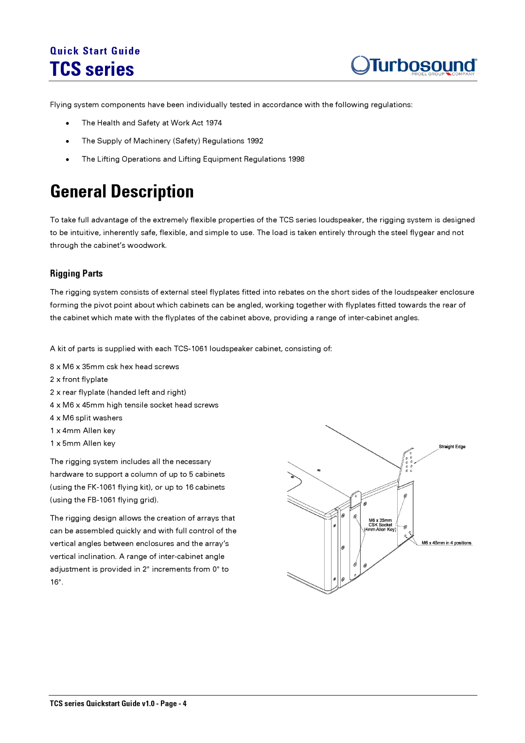 Turbosound TCS-1061 quick start General Description, Rigging Parts 