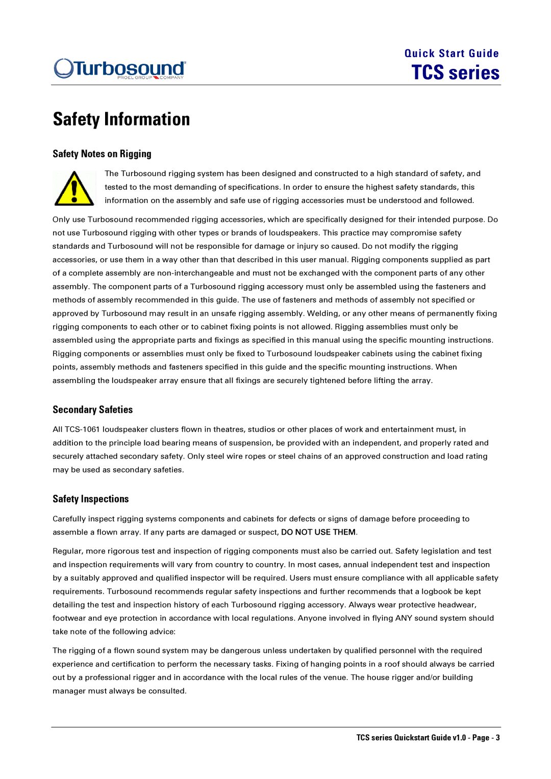 Turbosound TCS-1061 quick start Safety Information, Safety Notes on Rigging, Secondary Safeties, Safety Inspections 