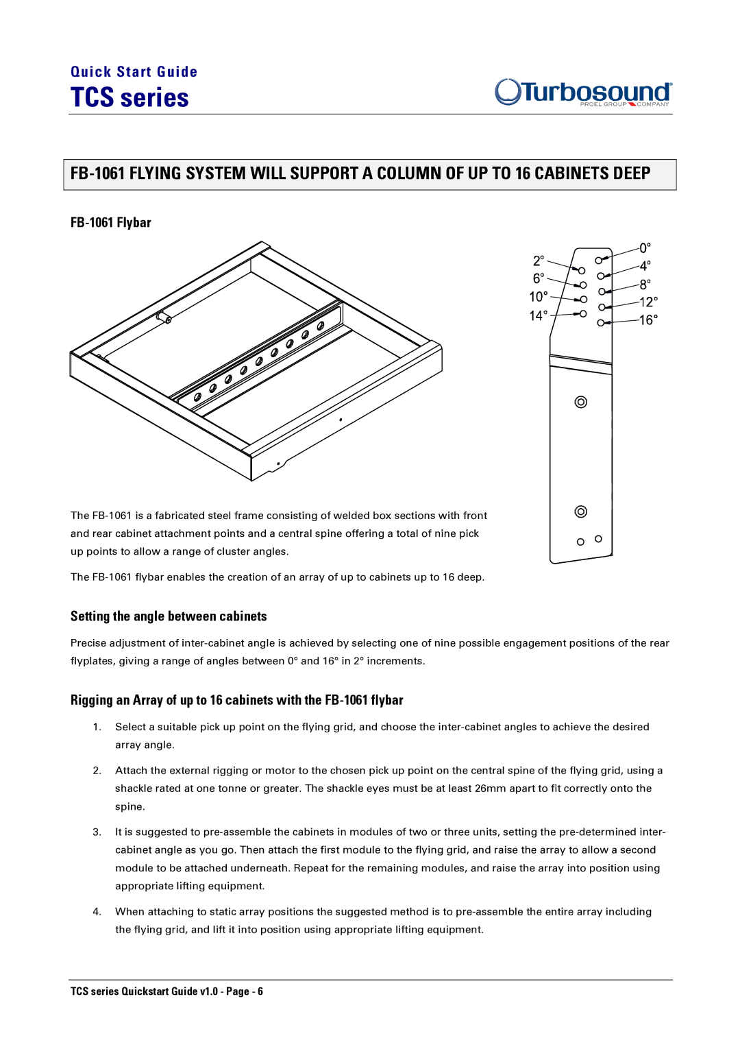 Turbosound TCS-1061 quick start FB-1061 Flybar, Setting the angle between cabinets 