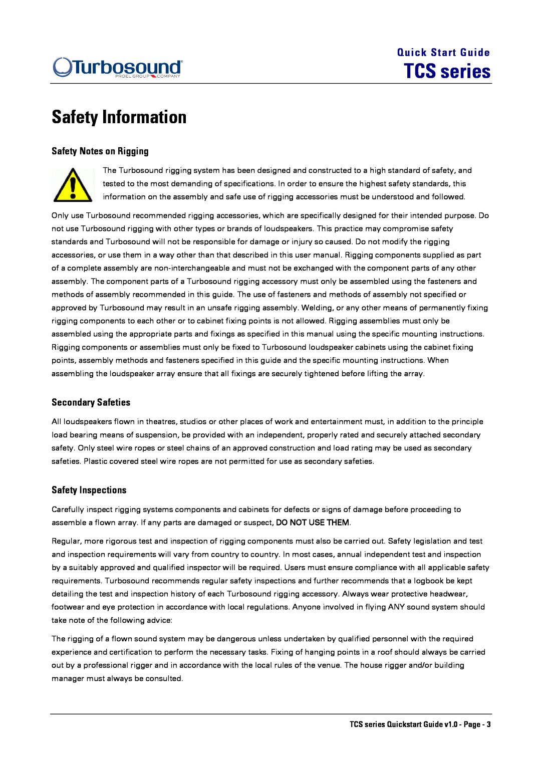 Turbosound TCS-1061 Safety Information, TCS series, Quick Start Guide, Safety Notes on Rigging, Secondary Safeties 