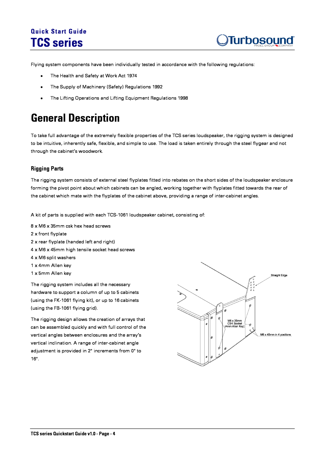 Turbosound TCS-1061 quick start General Description, TCS series, Quick Start Guide, Rigging Parts 
