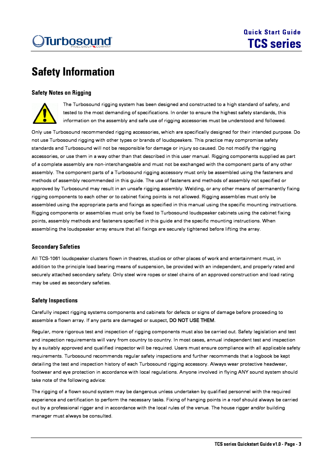 Turbosound TCS-1061 Safety Information, Safety Notes on Rigging, Secondary Safeties, Safety Inspections, TCS series 