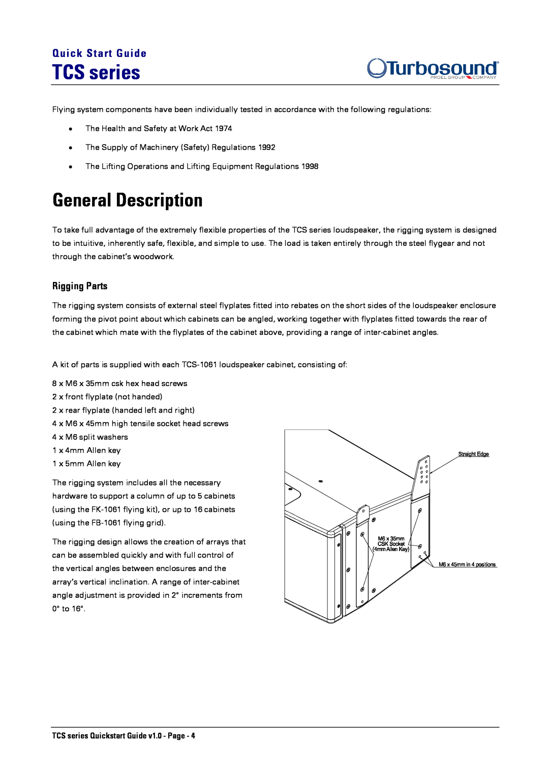 Turbosound TCS-1061 quick start General Description, Rigging Parts, TCS series, Quick Start Guide 