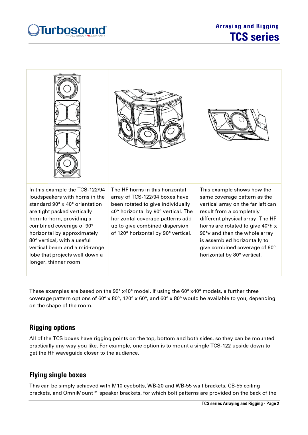 Turbosound TCS-152, TCS-122 manual Rigging options, Flying single boxes 