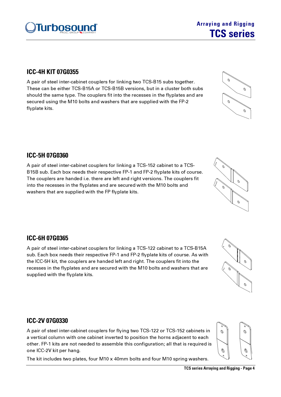 Turbosound TCS-152, TCS-122 manual ICC-4H KIT 07G0355, ICC-5H 07G0360, ICC-6H 07G0365, ICC-2V 07G0330 