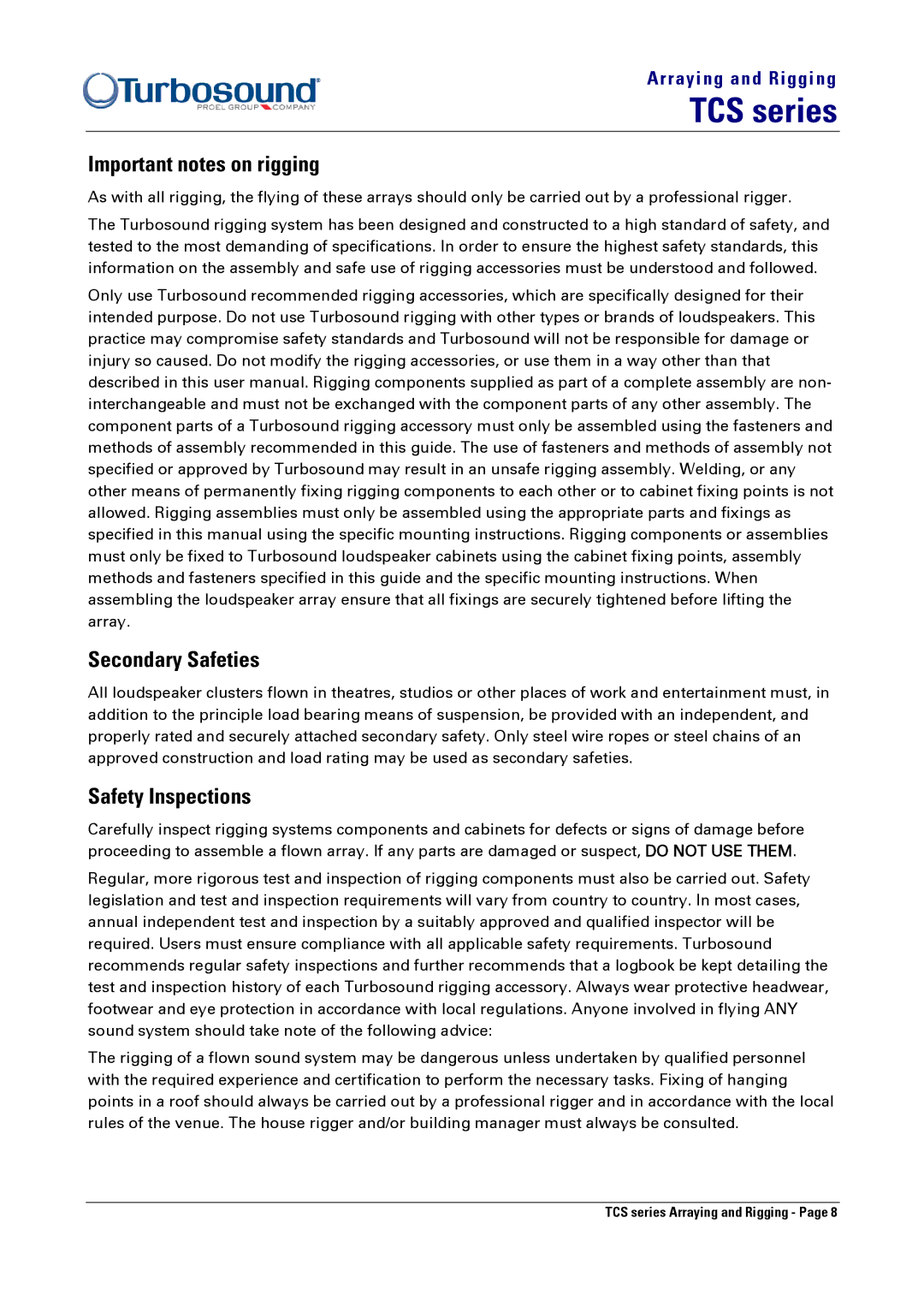 Turbosound TCS-152, TCS-122 manual Important notes on rigging, Secondary Safeties, Safety Inspections 