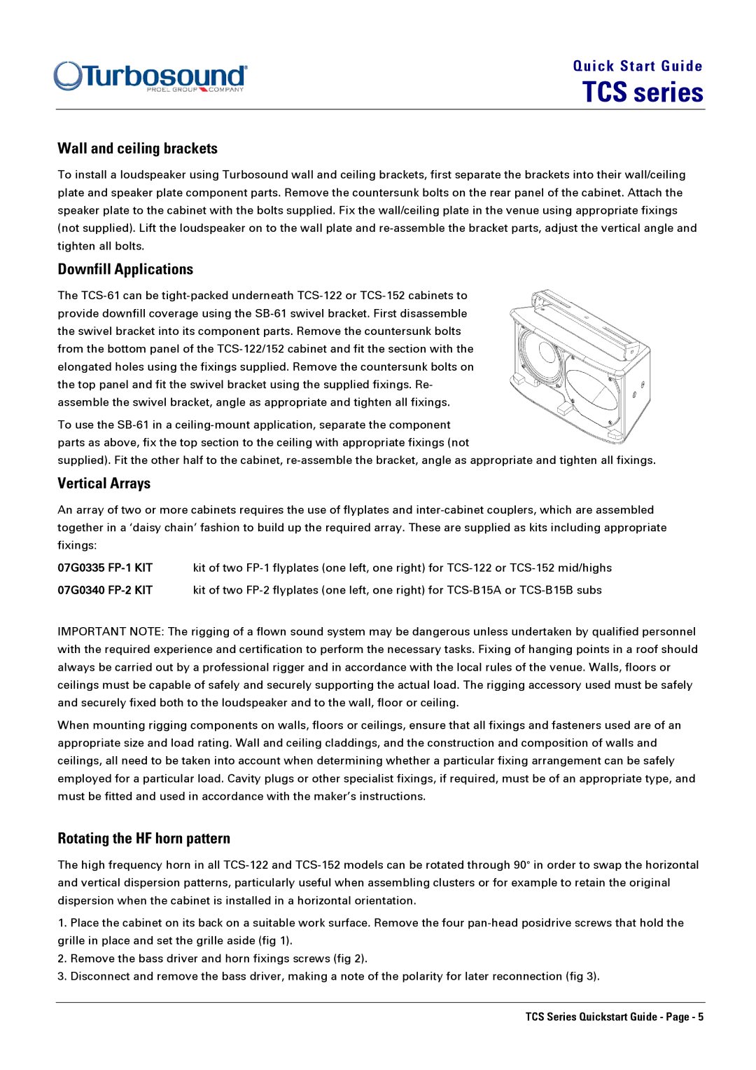 Turbosound TCS-B218(DP) Wall and ceiling brackets, Downfill Applications, Vertical Arrays, Rotating the HF horn pattern 