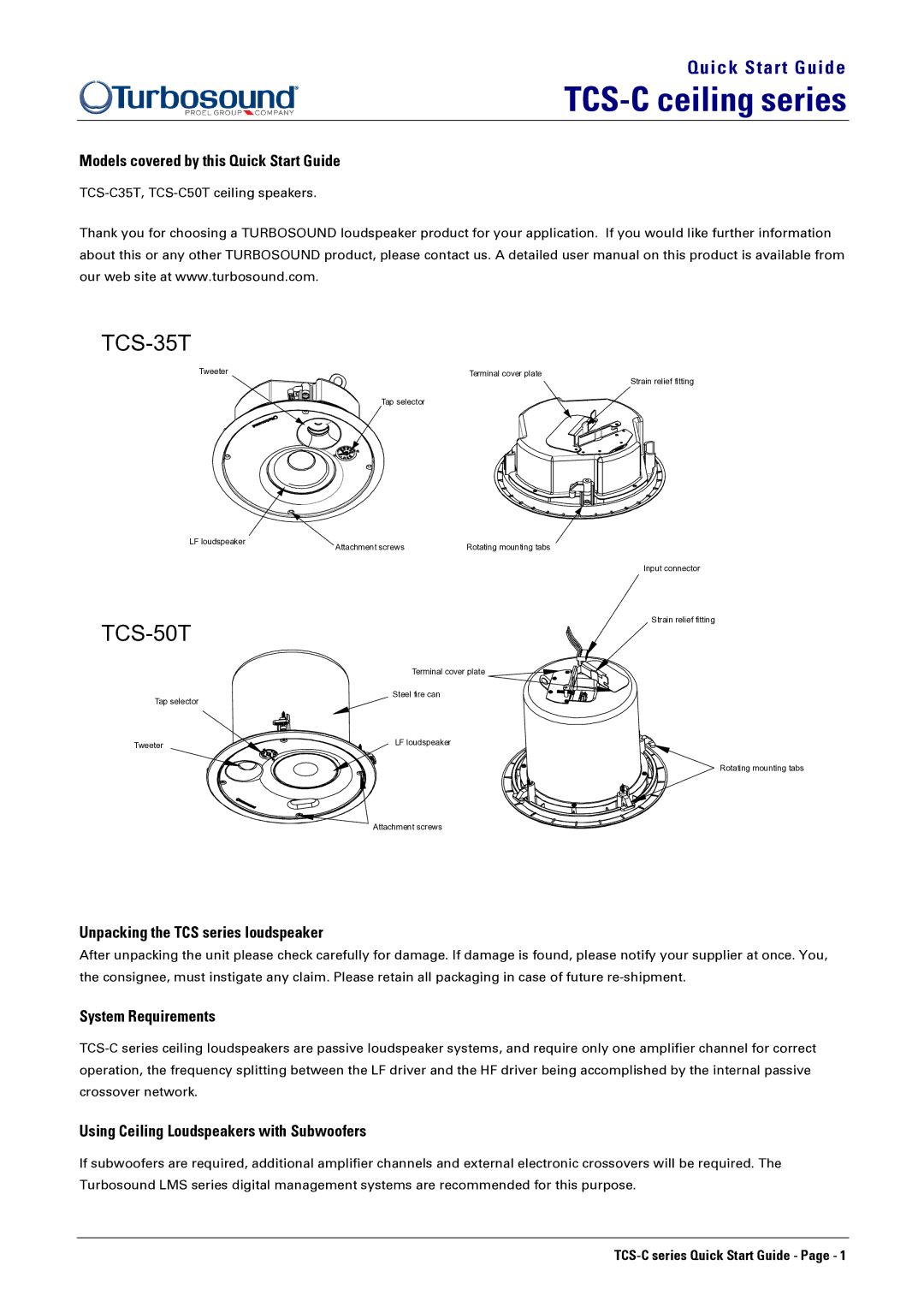 Turbosound TCS-C35T quick start Models covered by this Quick Start Guide, Unpacking the TCS series loudspeaker 