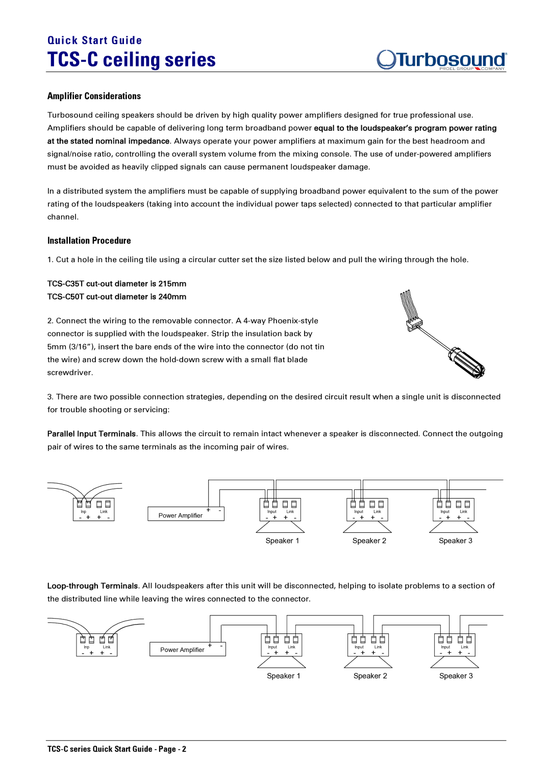 Turbosound TCS-C35T quick start Amplifier Considerations, Installation Procedure 