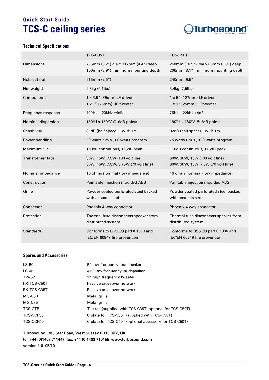 Turbosound TCS-C35T quick start Technical Specifications, Spares and Accessories 