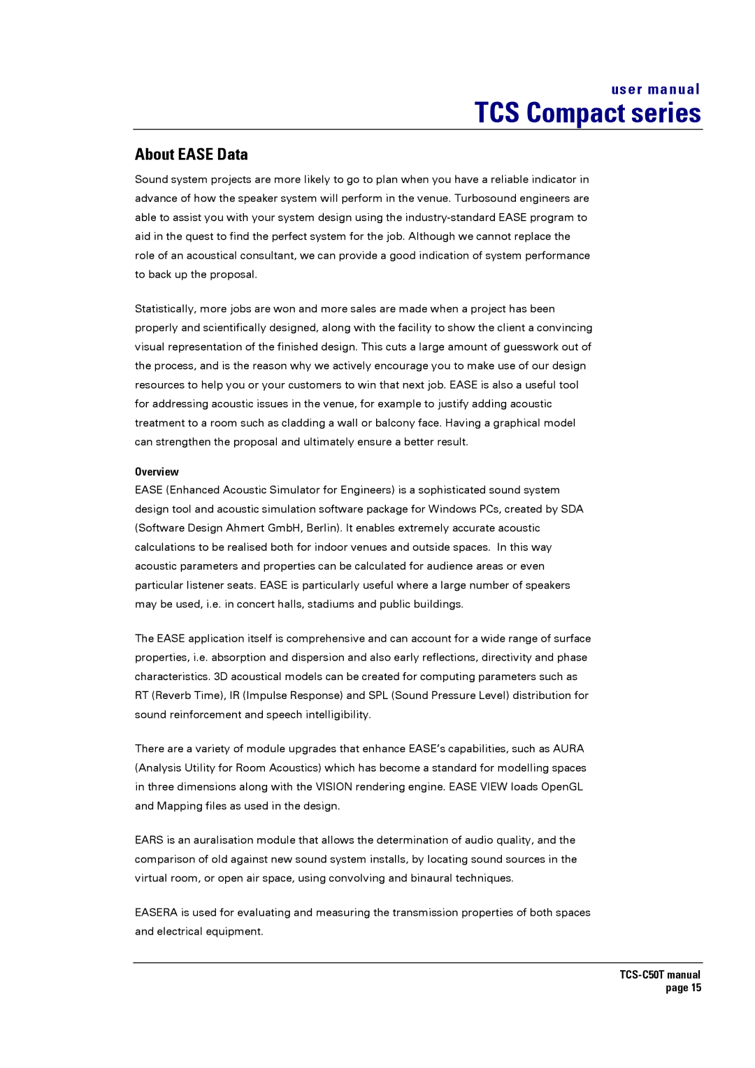 Turbosound TCS-C50T user manual About Ease Data, Overview 