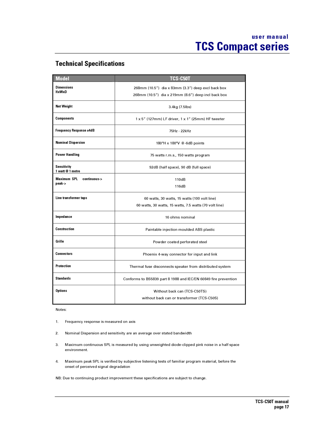 Turbosound TCS-C50T user manual Technical Specifications 