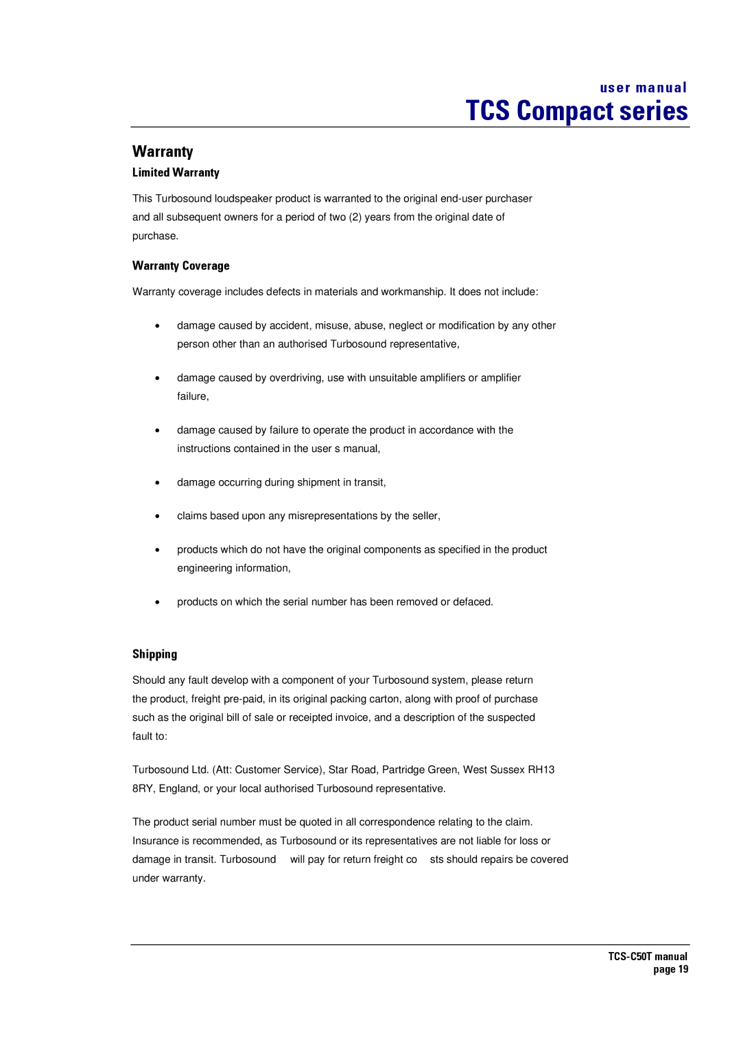 Turbosound TCS-C50T user manual Limited Warranty 