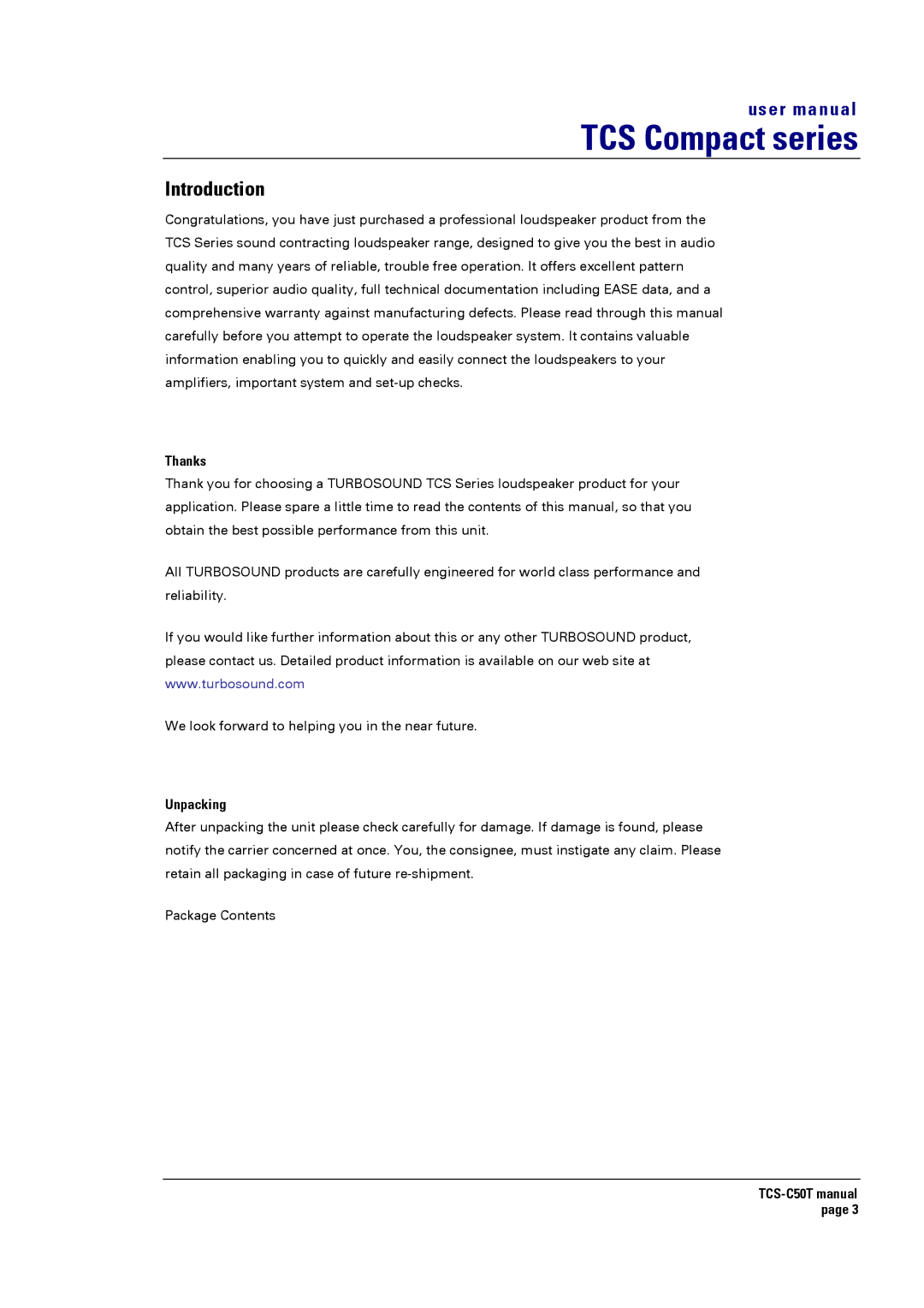 Turbosound TCS-C50T user manual Introduction, Thanks, Unpacking 