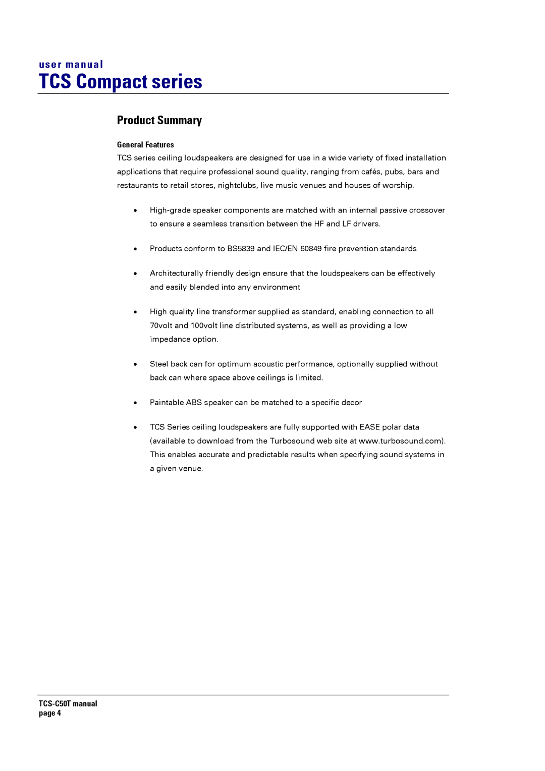 Turbosound TCS-C50T user manual Product Summary, General Features 