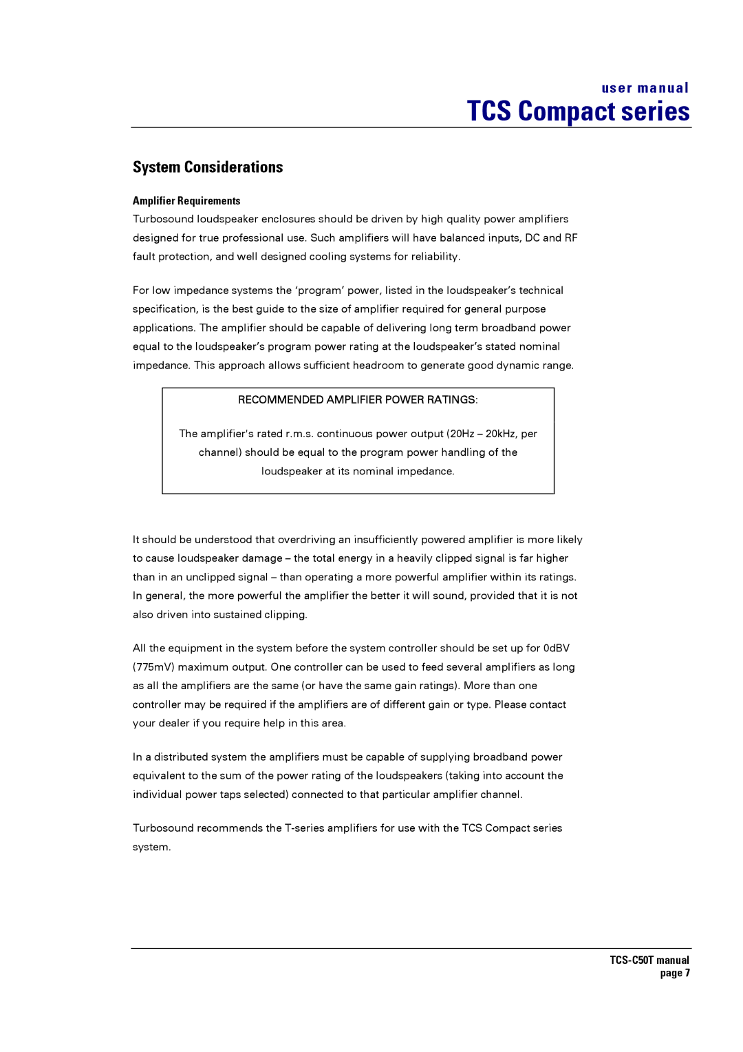 Turbosound TCS-C50T user manual System Considerations, Amplifier Requirements 