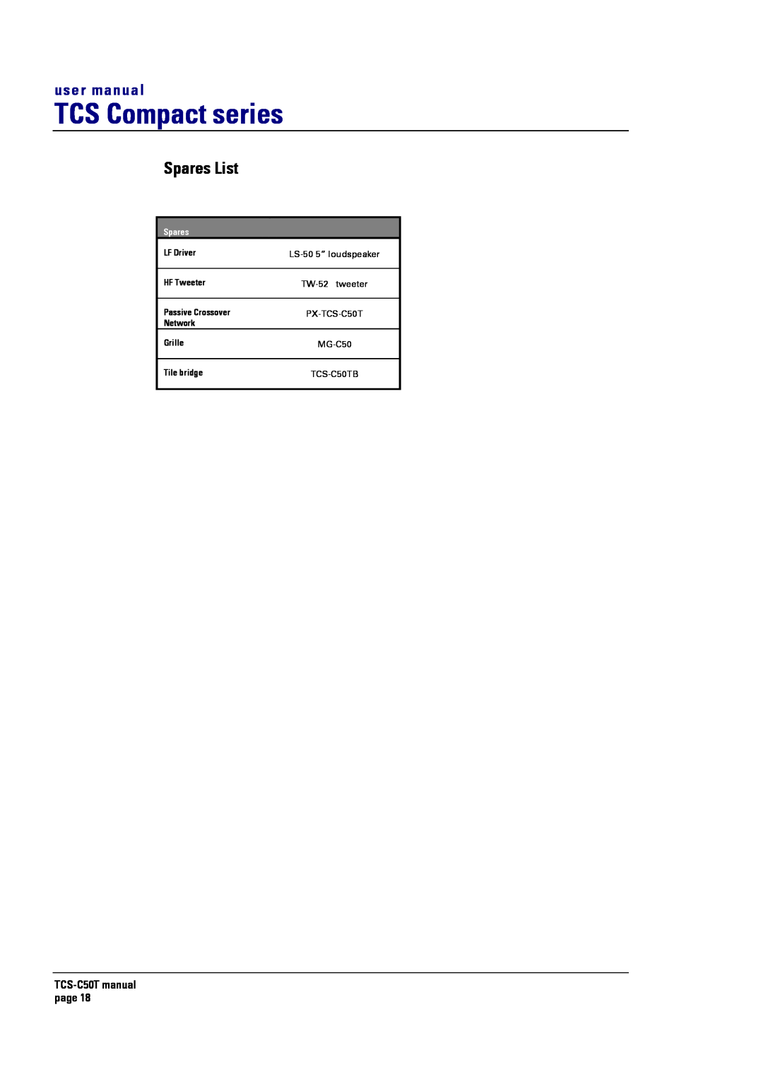Turbosound user manual Spares List, TCS Compact series, TCS-C50Tmanual page 