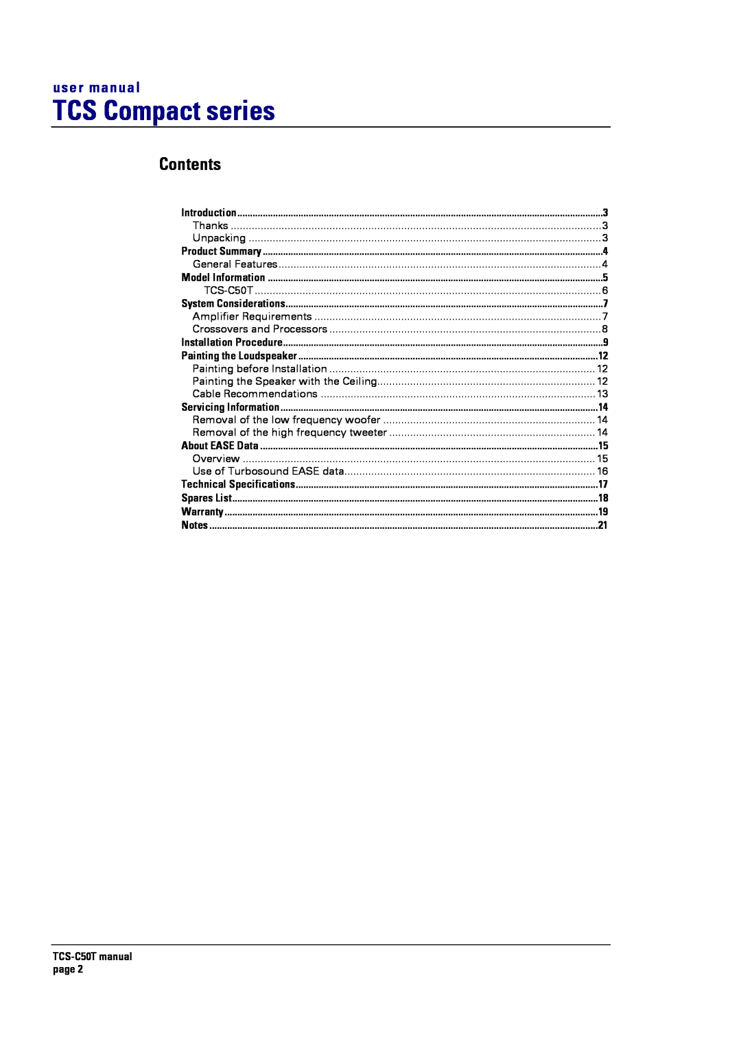 Turbosound user manual TCS Compact series, TCS-C50Tmanual page, Contents 