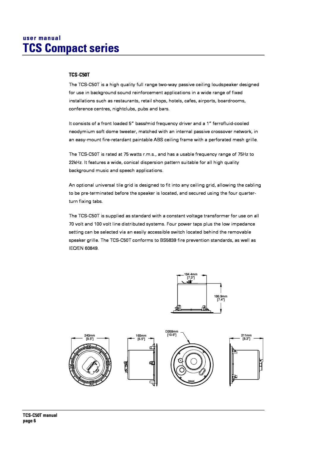 Turbosound user manual TCS Compact series, TCS-C50Tmanual page, 184.4mm 7.3 186.9mm, D268mm, 240mm, 165mm, 10.6, 211mm 
