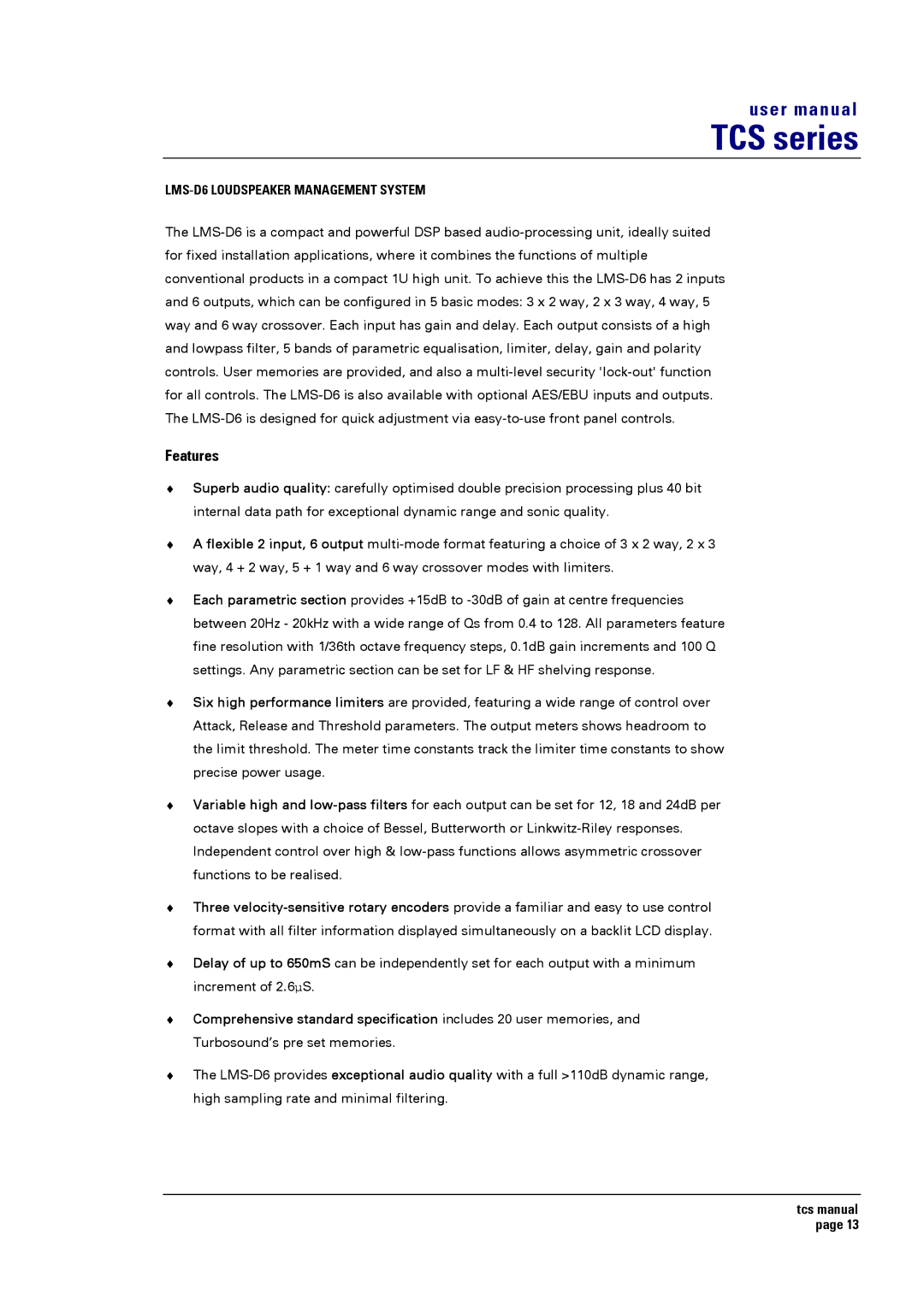 Turbosound TCS SERIES USER user manual LMS-D6 Loudspeaker Management System 