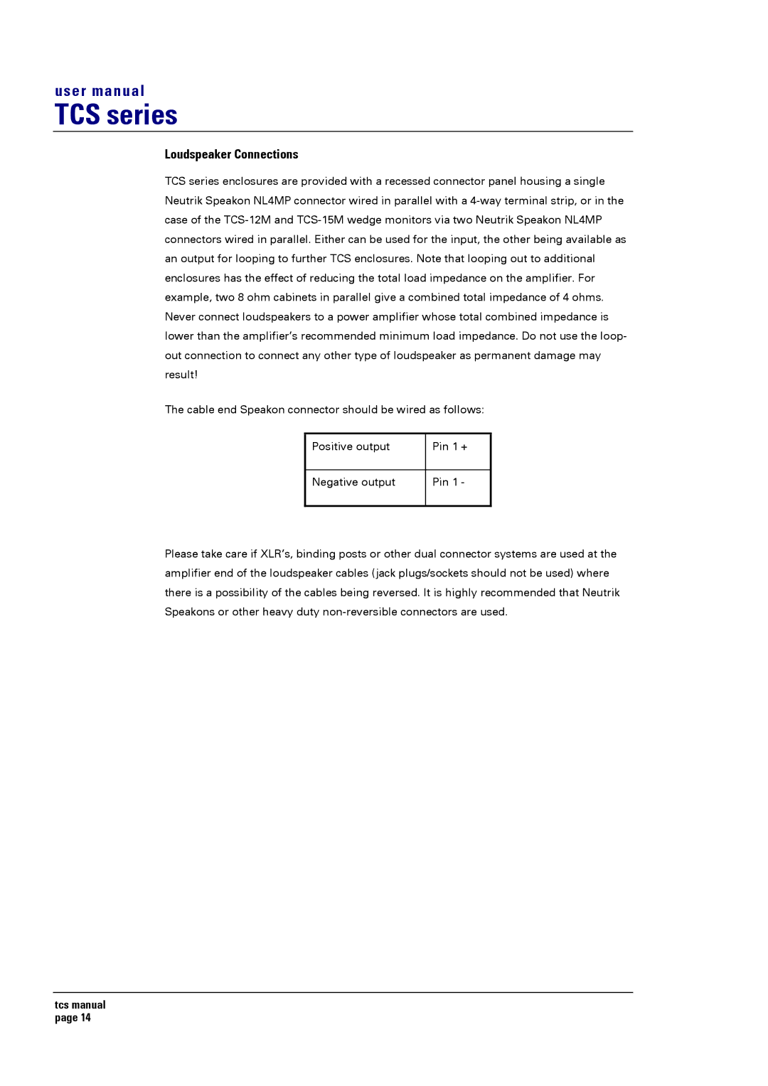 Turbosound TCS SERIES USER user manual Loudspeaker Connections 