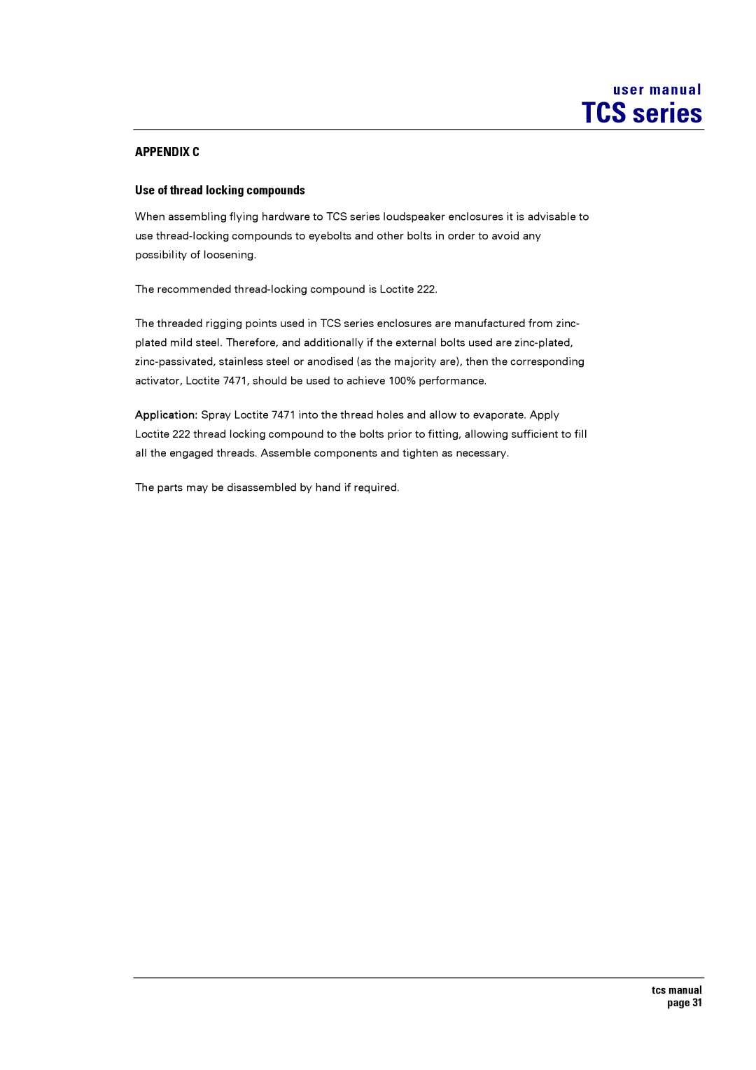 Turbosound TCS SERIES USER user manual Appendix C, Use of thread locking compounds 