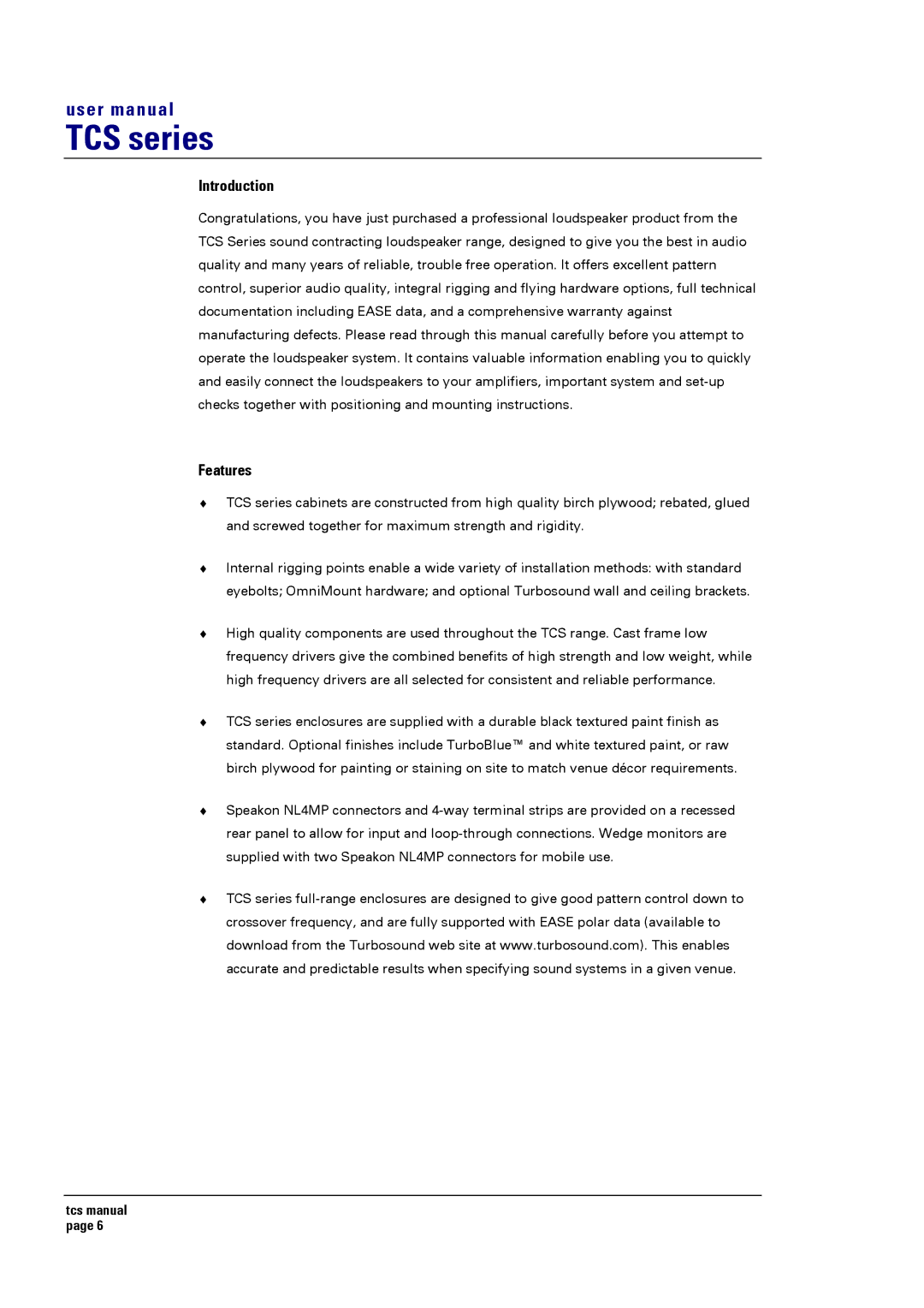 Turbosound TCS SERIES USER user manual Introduction, Features 