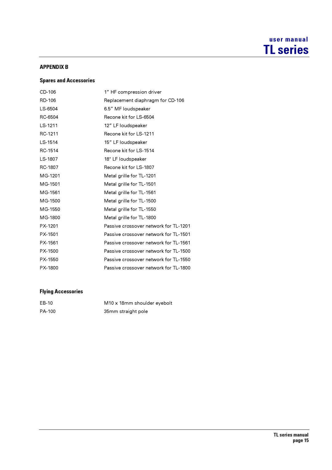 Turbosound TL-1550, TL-1201, TL-1800, TL-1561, TL-1500, TL-1501 Appendix B, Spares and Accessories, Flying Accessories 
