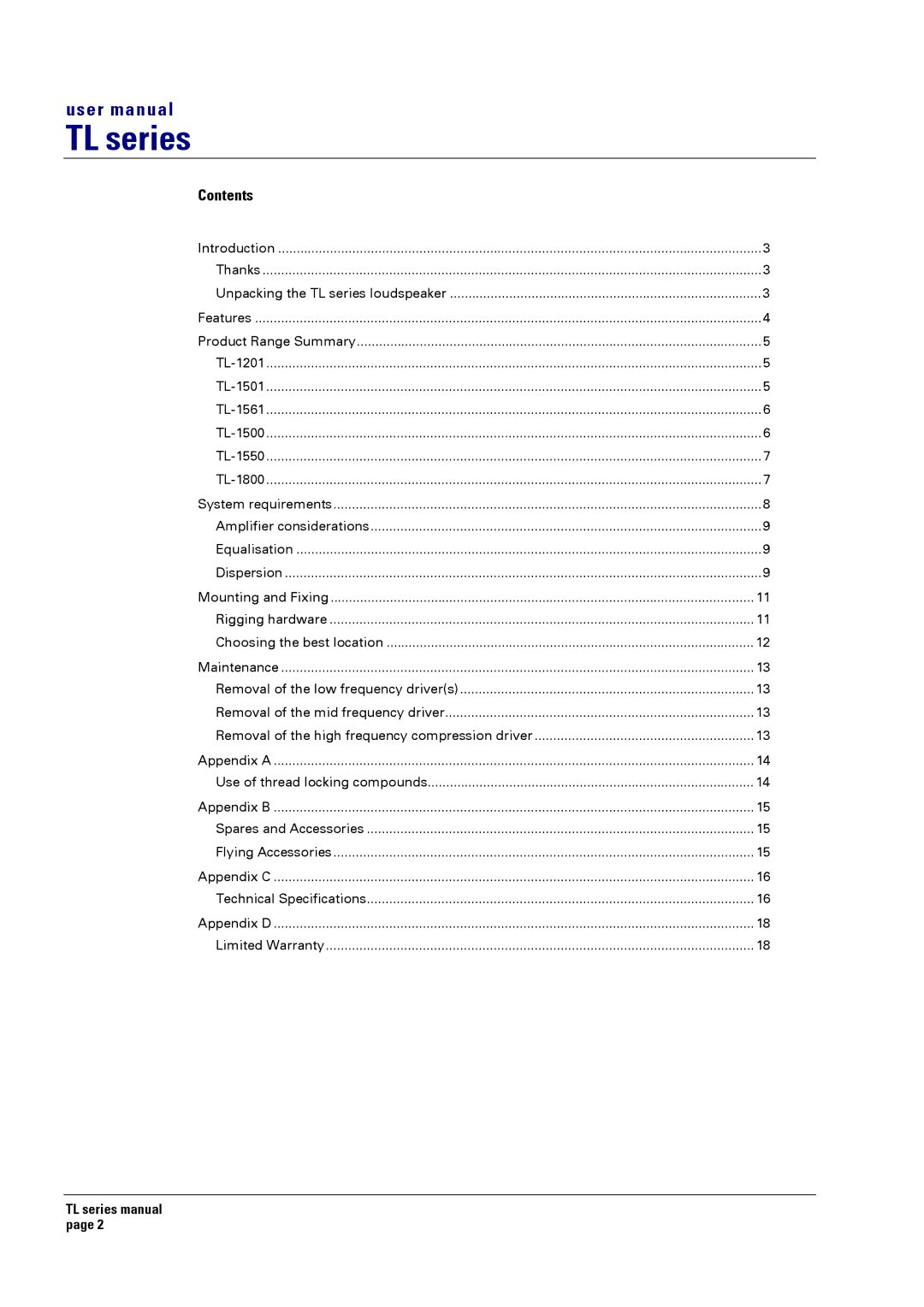 Turbosound TL-1561, TL-1201, TL-1800, TL-1550, TL-1500, TL-1501 user manual TL series, Contents 