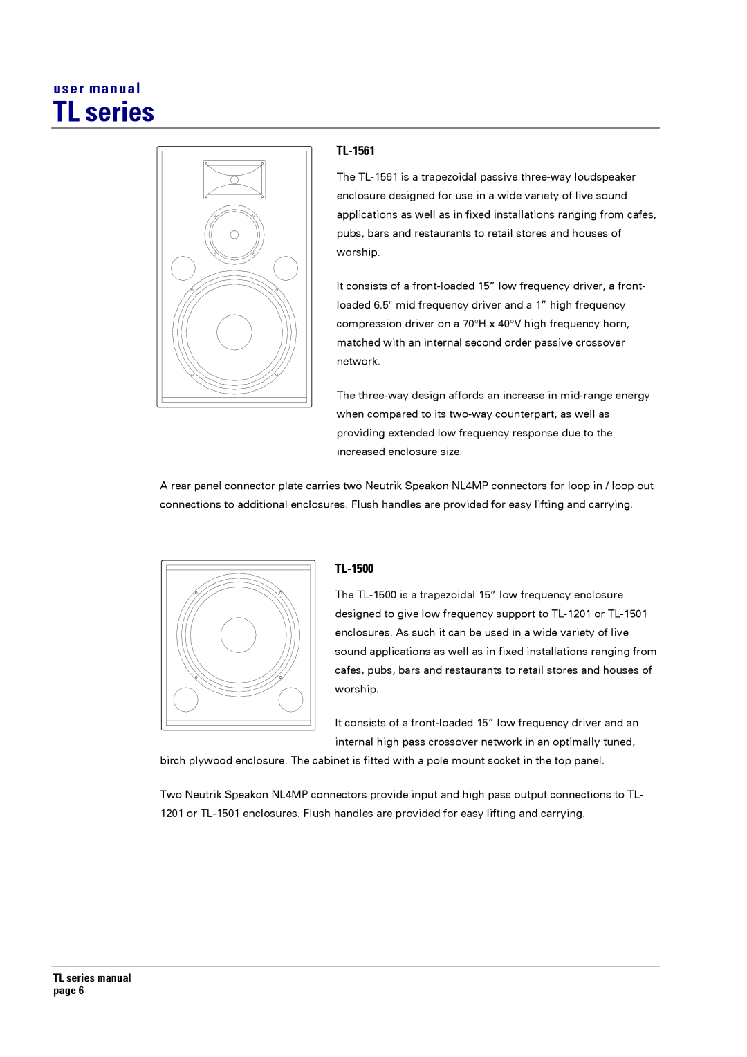 Turbosound TL-1201, TL-1800, TL-1550, TL-1501 user manual TL-1561, TL-1500 