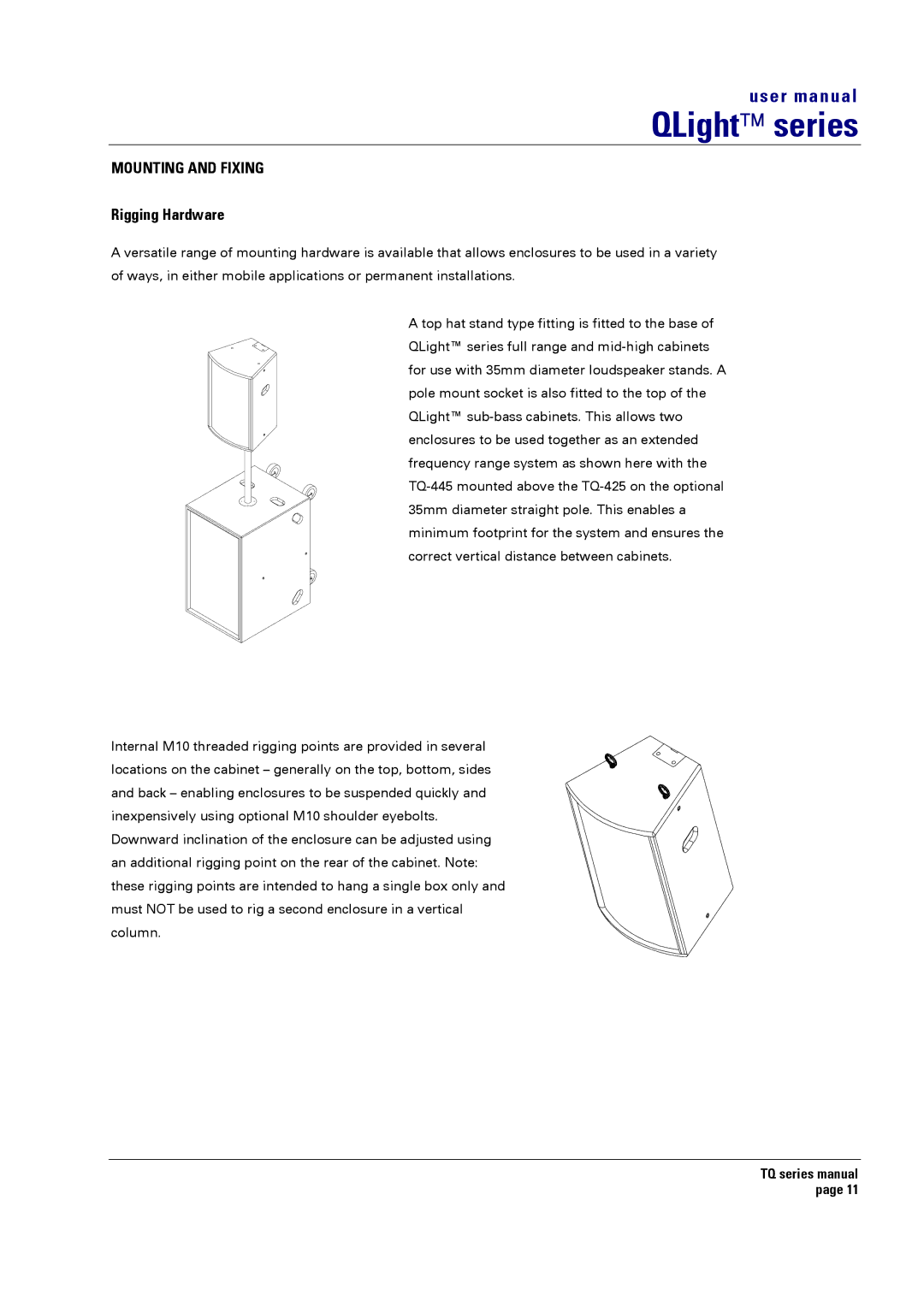 Turbosound TQ-308, TQ-230, TQ-425, TQ-445, TQ-310, TQ-115, TQ-315 user manual Mounting and Fixing, Rigging Hardware 