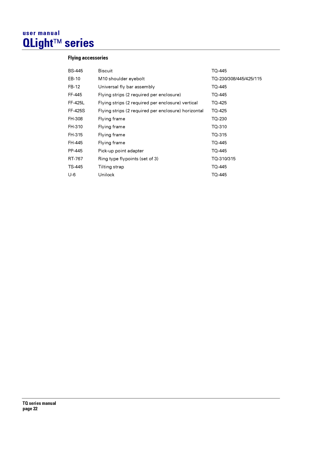 Turbosound TQ-425, TQ-230, TQ-445, TQ-310, TQ-308, TQ-115, TQ-315 user manual Flying accessories 