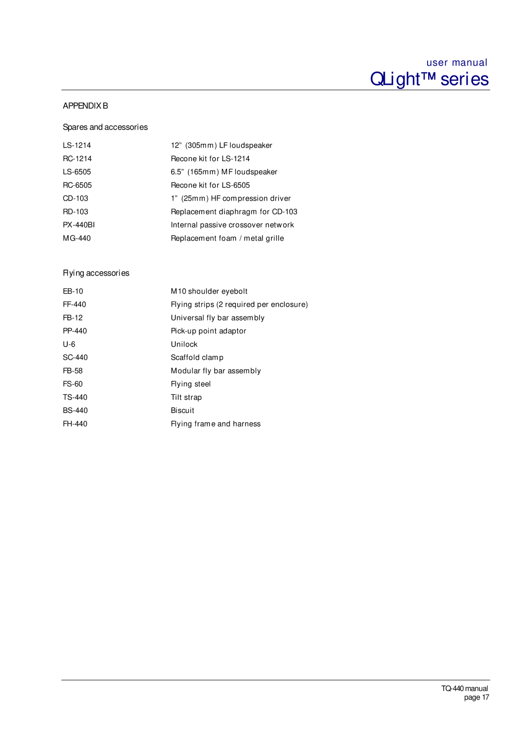 Turbosound TQ-440 user manual Spares and accessories, Flying accessories 