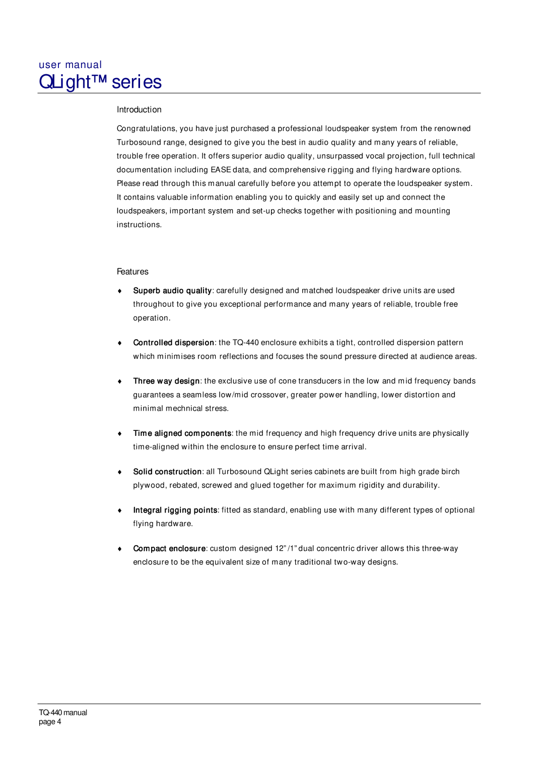 Turbosound TQ-440 user manual Introduction, Features 