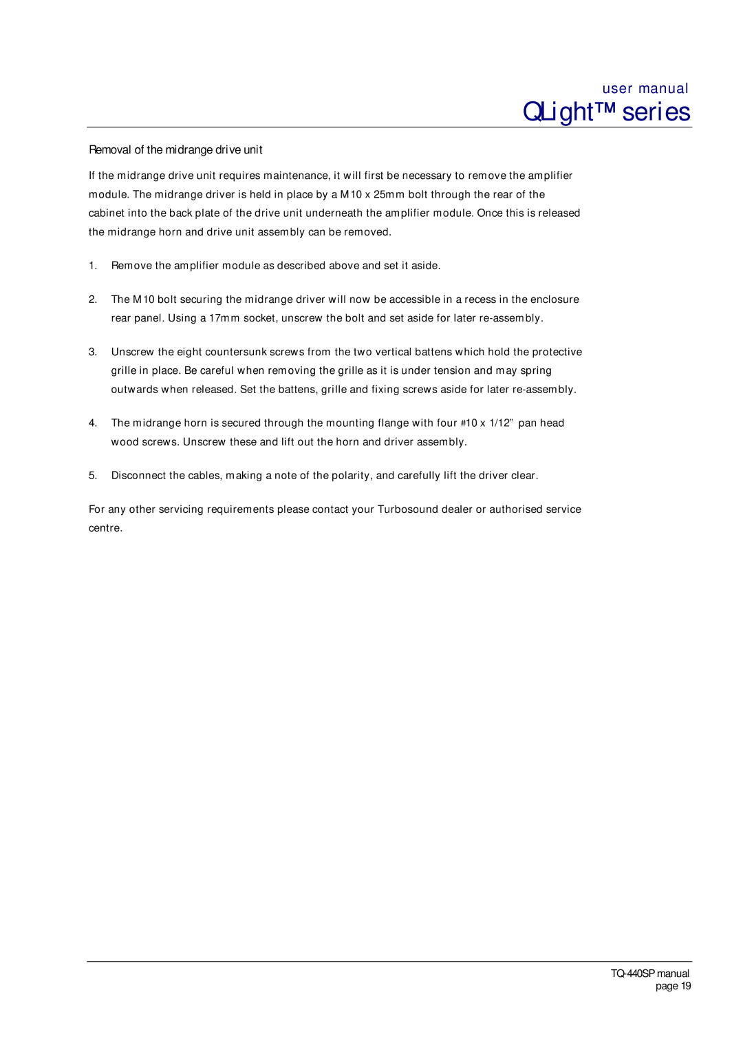 Turbosound TQ-440SP user manual Removal of the midrange drive unit 