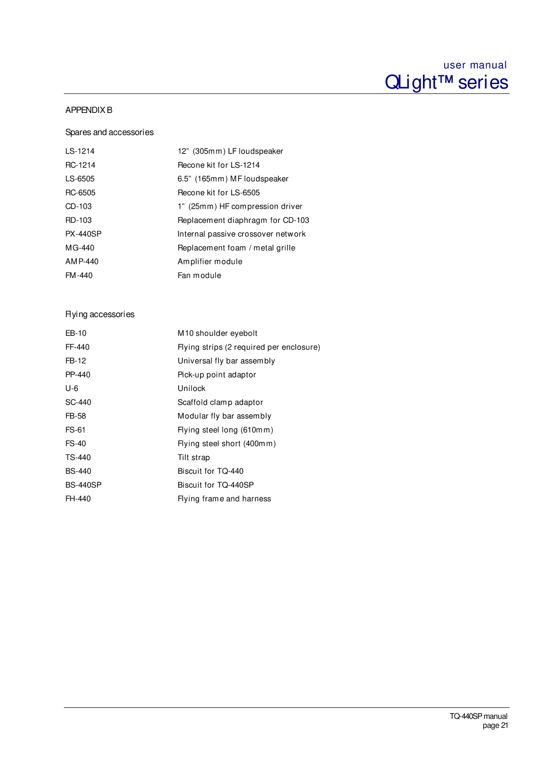 Turbosound TQ-440SP user manual Spares and accessories, Flying accessories 