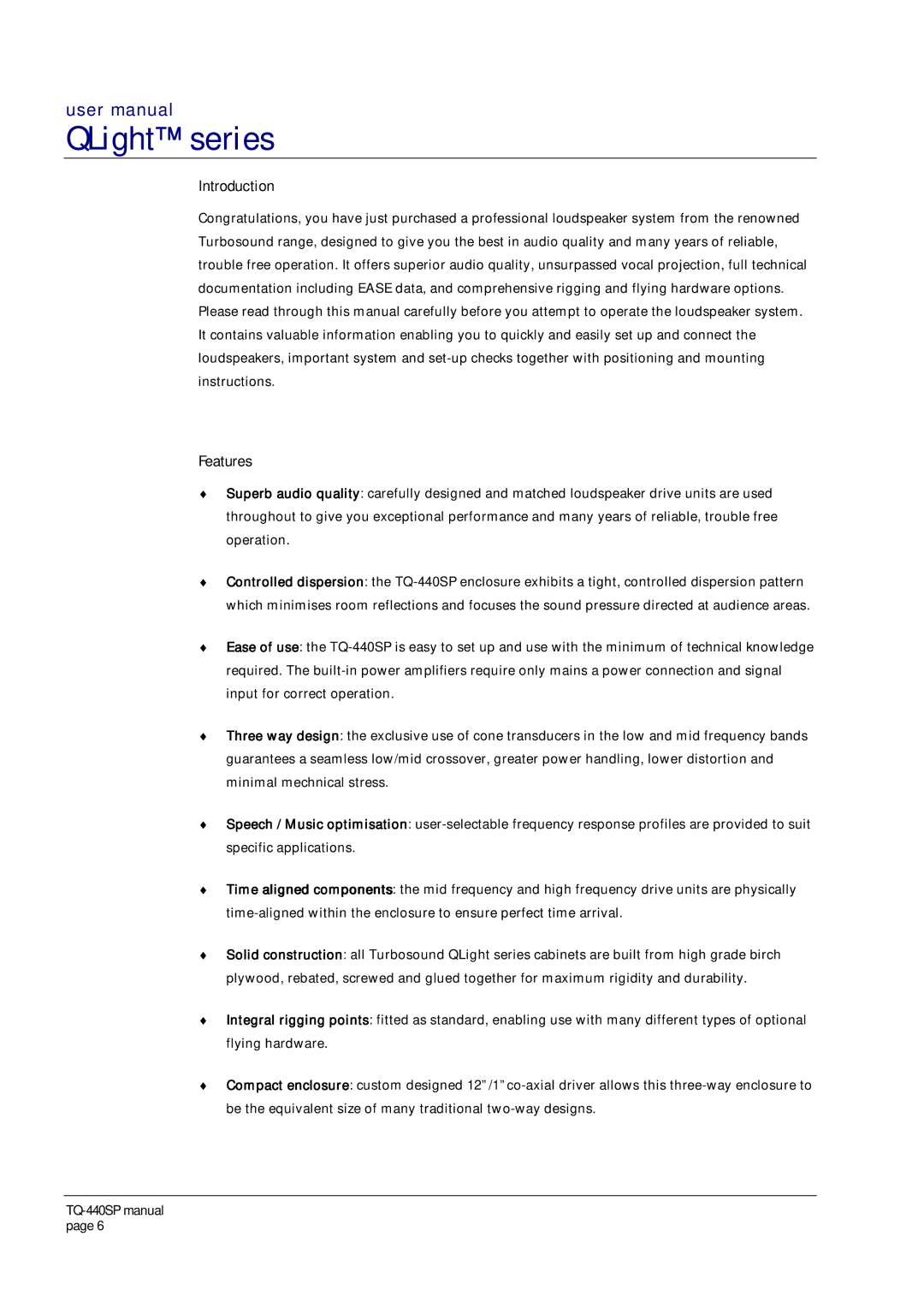 Turbosound TQ-440SP user manual Introduction, Features 