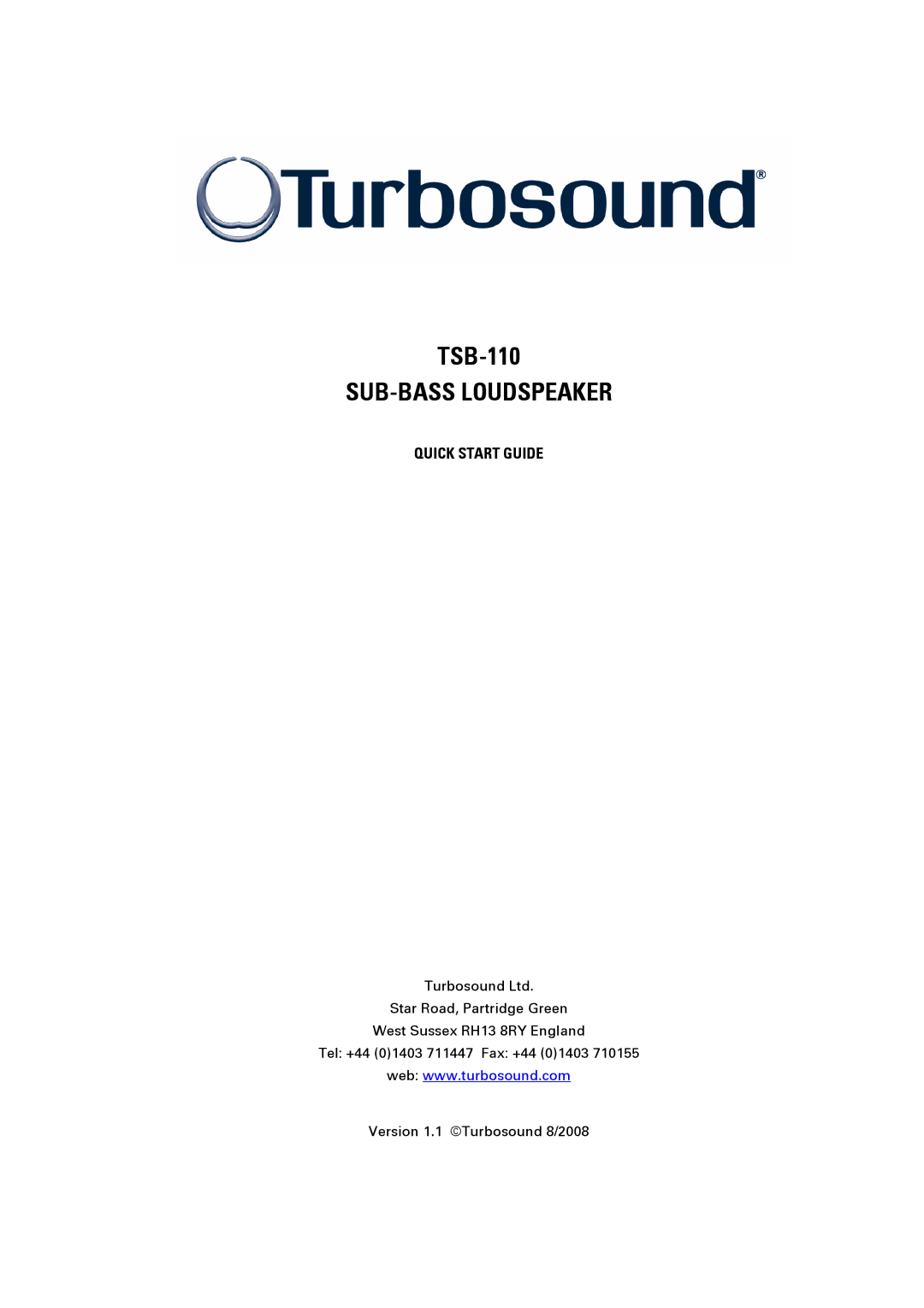 Turbosound TSB-110 quick start SUB-BASS Loudspeaker, Quick Start Guide 