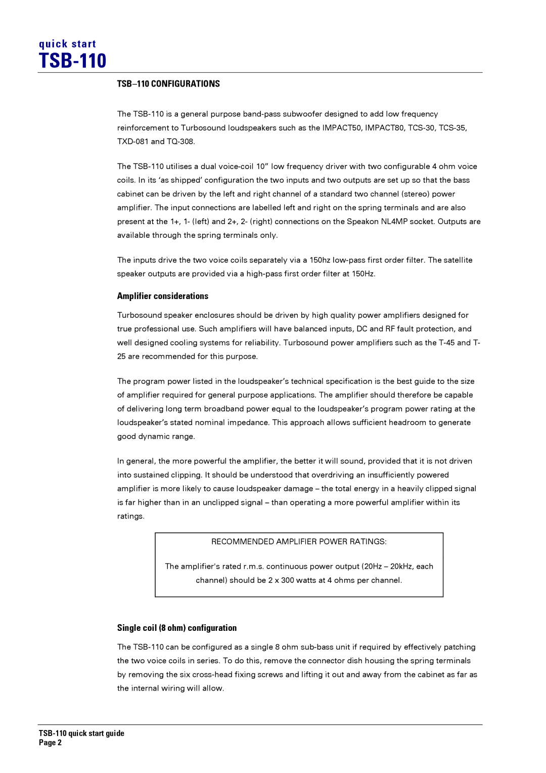 Turbosound quick start TSB-110 Configurations, Amplifier considerations, Single coil 8 ohm configuration 