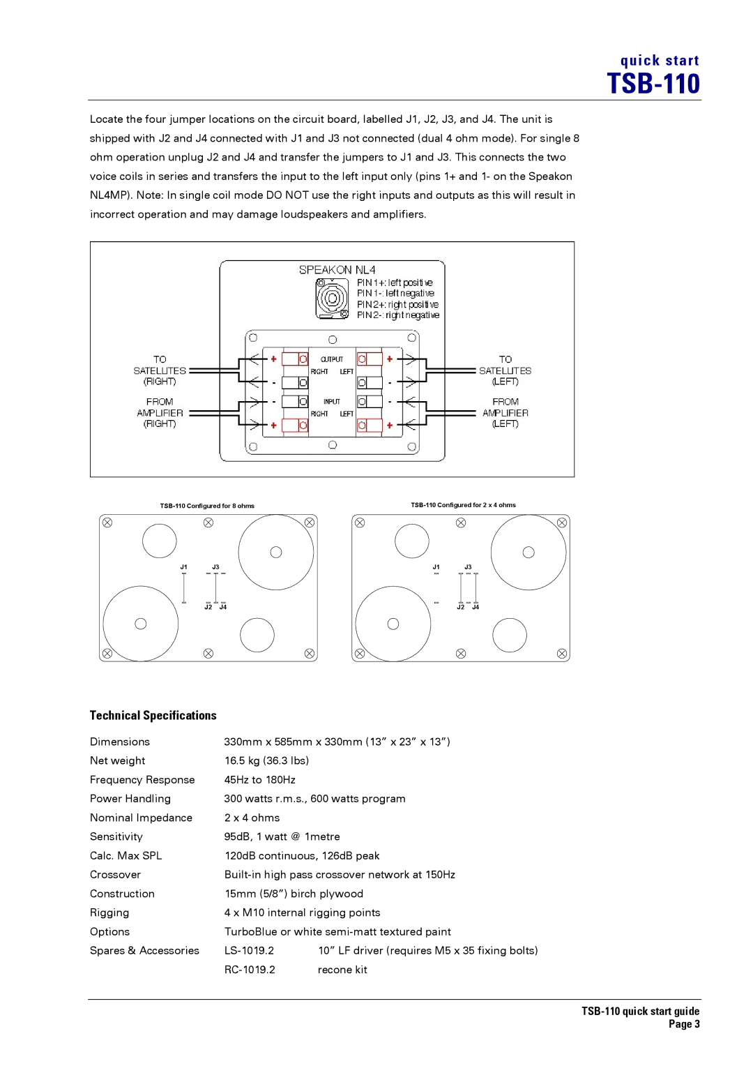 Turbosound TSB-110 quick start Technical Specifications 